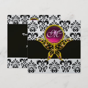 HYPER SCHMETTERLING MONOGRAMM, schwarz weiß Damast Einladung