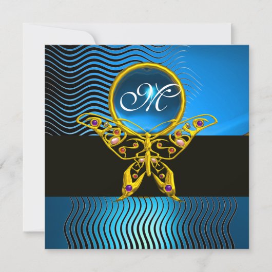 HYPER SCHMETTERLING MONOGRAMM, wellen blauer Saphi Einladung (Vorderseite)