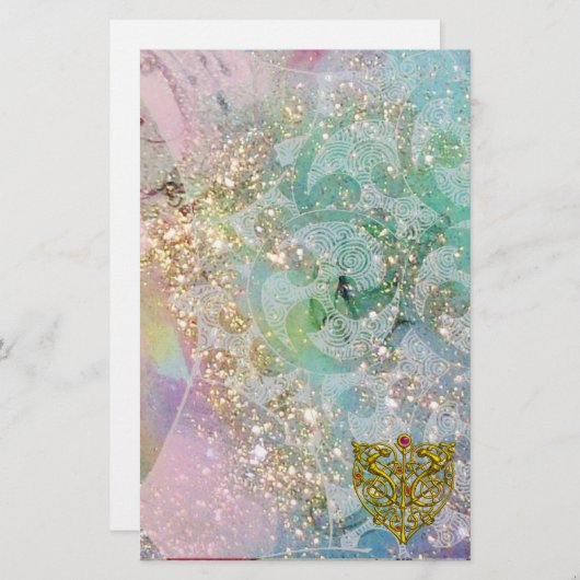 HYPER VALENTINE/GOLD-ZELLTIKHERZ, blaue Glitzern Briefpapier (Vorne/Hinten)