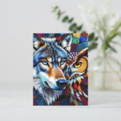 Hyperrealistisches Wolf- und Eulenmosaik Postkarte (Stehend Vorderseite)