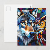 Hyperrealistisches Wolf- und Eulenmosaik Postkarte (Vorne/Hinten)