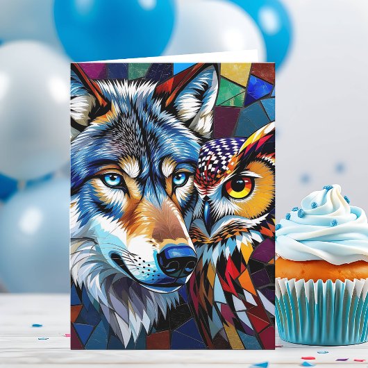 Hyperrelistischer Wolf und Eule | Happy Birthday Karte