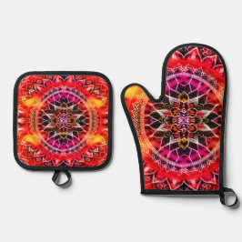Hypnotic Red Mandala Ofenhandschuh & Topflappen-Set