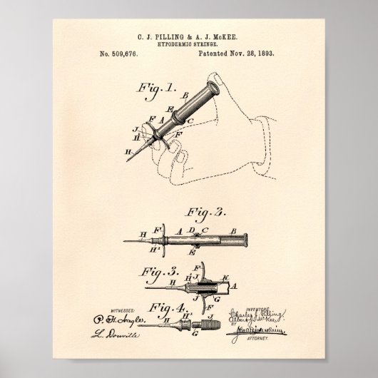 Hypodermische Spritze 1893 Patent Art Old Peper Poster (Vorne)