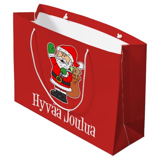 Hyvaa Joulua Finnischer Weihnachtsmann (RED) Große Geschenktüte (Rückseite Schrägansicht)