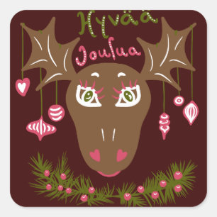 Hyvää Joulua niedlicher Weihnachtsmuh mit Ziergege Quadratischer Aufkleber