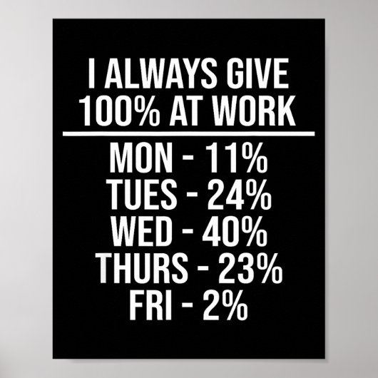 I Always Give 100% At Work Funny Work Quotes Humor Poster (Vorne)