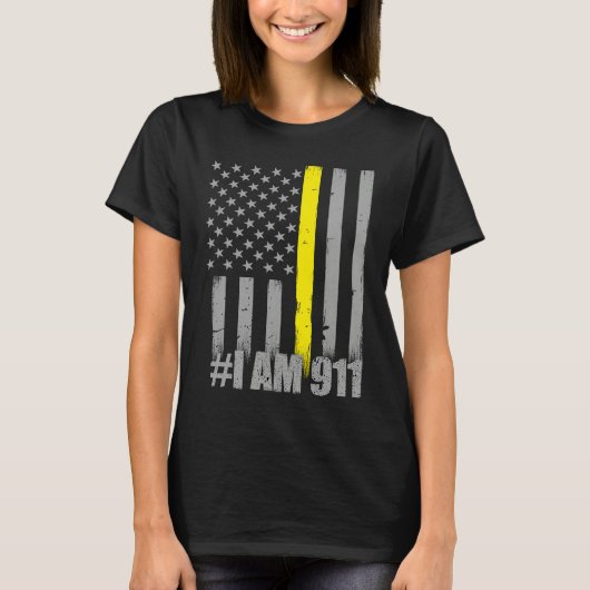 I Am 911  Thin Gold Line Flag  Police Dispatcher T-Shirt (Vorderseite)