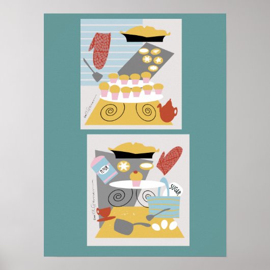 "I bake" 2 Retro-Illustrationen Drucken Poster (Vorne)