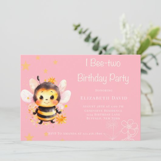 I Bee Two Girl Birthday Party Einladung (Stehend Vorderseite)