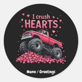 I Crush Hearts Funny Monster Truck Valentine Runder Aufkleber