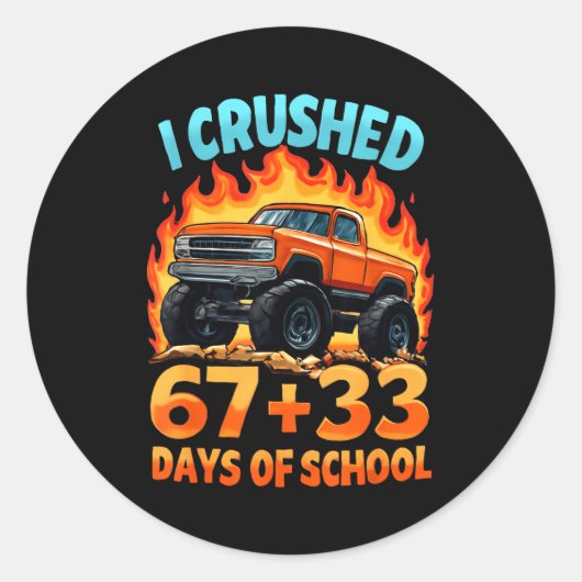 I Crushed 67 + 33 Days Of School Monster Truck Boy Runder Aufkleber (Vorderseite)