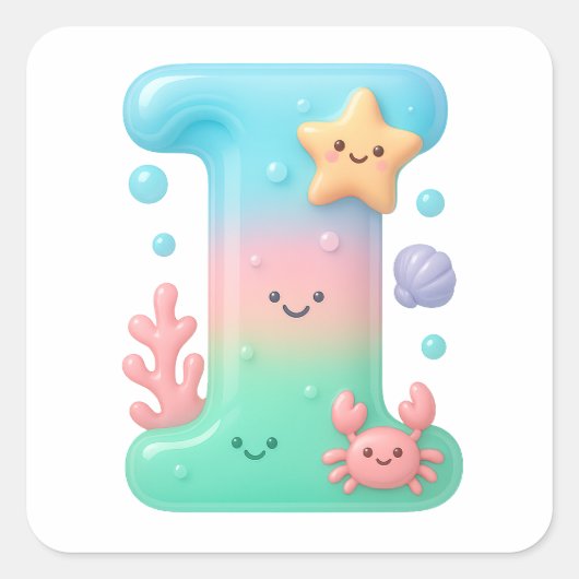 "I" Cute Letter - Underwater Sea Creature Quadratischer Aufkleber (Vorderseite)