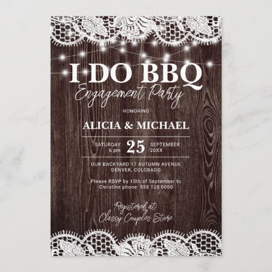 I DO BBQ rustic wood lace engagement party Einladung (Vorderseite)