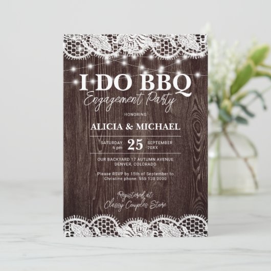 I DO BBQ rustic wood lace engagement party Einladung (Stehend Vorderseite)