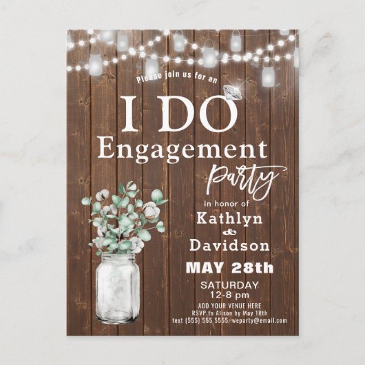 I Do Elegant Eucalyptus Mason Jar Engagement Party Einladungspostkarte (Vorderseite)