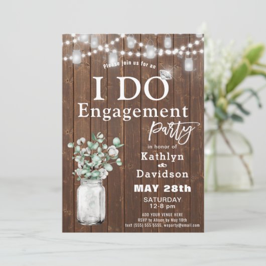 I DO Eucalyptus Mason Jar Elegante Engagement Part Einladung (Stehend Vorderseite)