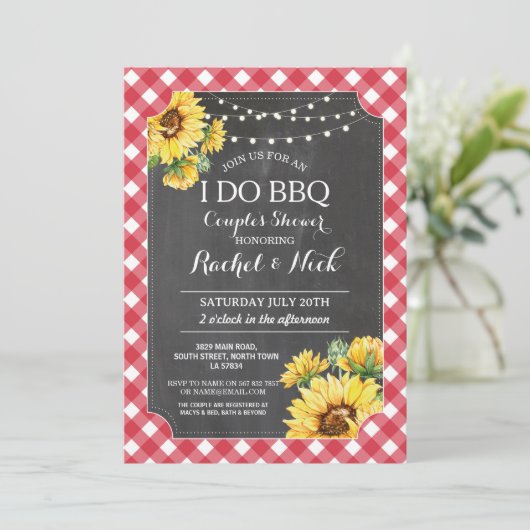 I DO GRILLEN Paares Dusche Sonnenblume Gingham Einladung (Stehend Vorderseite)