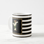 I Gold Floral Monogram | Schwarz-weiße Streifen Kaffeetasse (Vorderseite Links)