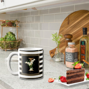 I Gold Floral Monogram   Schwarz-weiße Streifen Kaffeetasse