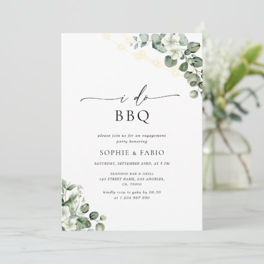 I GRILLEN Watercolor Eukalyptus Engagement Party Einladung (Stehend Vorderseite)