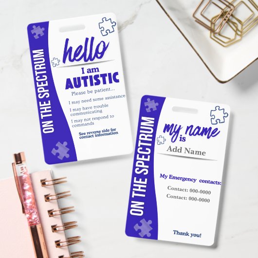 I Have Autism ID Personalized Autistic Name Badge Ausweis (Büro)