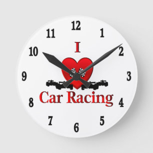 I Heart Car Racing Black Numbers Runde Wanduhr