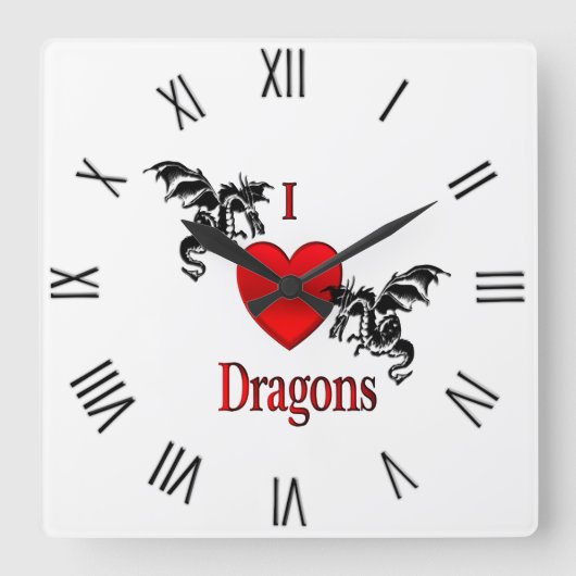 I Heart Dragons Black Roman Numerals Quadratische Wanduhr (Vorderseite)