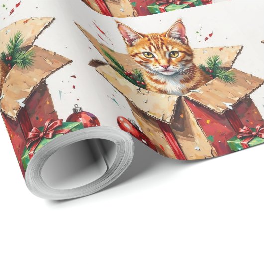 I Help Unpack! Funny Cat in Christmas Shipping Box Geschenkpapier (Rolleneckpunkt)