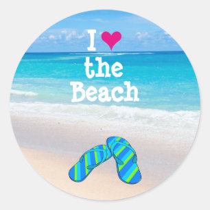 I Herz (Liebe) der Strand Flip Flops in den Sand Runder Aufkleber