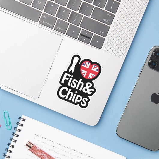I Herz [Liebe] Fisch & Chips Sticker (Laptop mit iPhone)