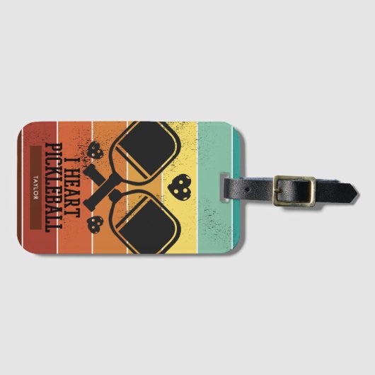I Herz Pickleball Retro Streifen Monogramm Name Gepäckanhänger (Vorderseite (Horizontal))
