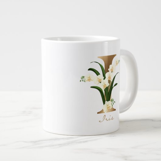 I Letter Gold Monogram | Weiße Orchideen Jumbo-Tasse (Vorderseite Rechts)
