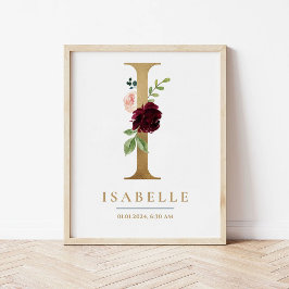I Letter Monogram Name Marsala Floral Kinderzimmer Poster