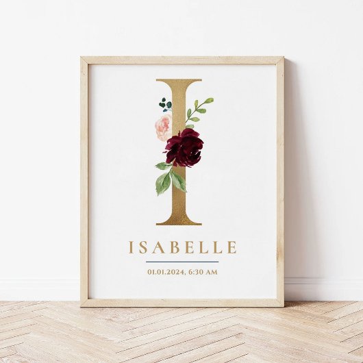 I Letter Monogram Name Marsala Floral Kinderzimmer Poster