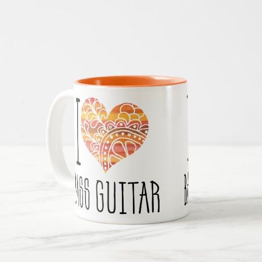 I Liebe Bass Guitar Orange Mandala Herz Zweifarbige Tasse (Vorderseite Links)