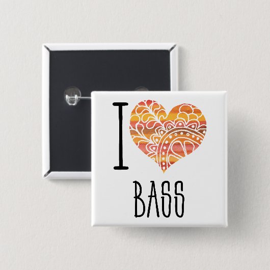 I Liebe Bass Orange Mandala Herz Button (Vorne & Hinten)
