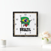 I Liebe Brasilien, Flagge mit Rahmen Quadratische Wanduhr (Zuhause)