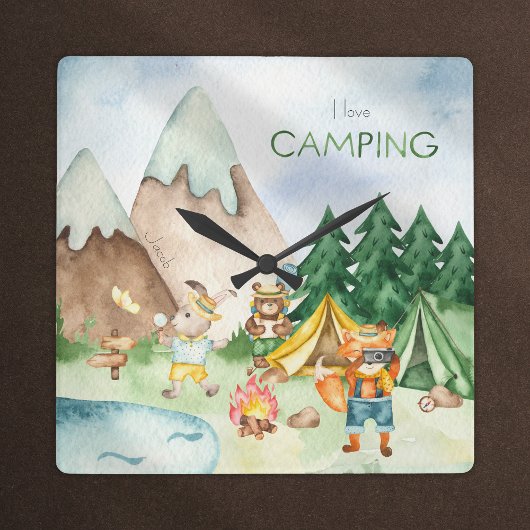 I Liebe Camping Woodland Animal Kids Aquarell Quadratische Wanduhr