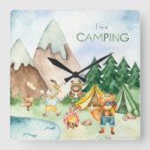 I Liebe Camping Woodland Animal Kids Aquarell Quadratische Wanduhr (Vorderseite)