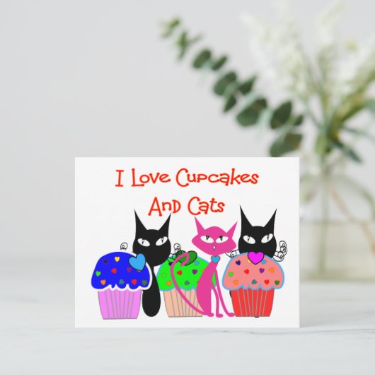 "I Liebe cupcakes and cats"—Cupcake Lovers Geschen Postkarte (Stehend Vorderseite)