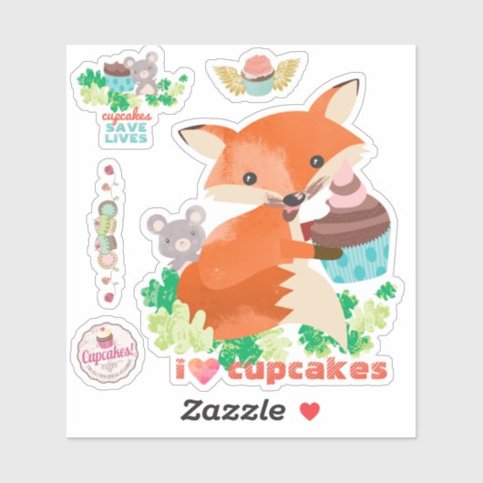 I Liebe cupcakes niedlich Maus Fuchs Zuckerguss Ge Aufkleber (Blatt)