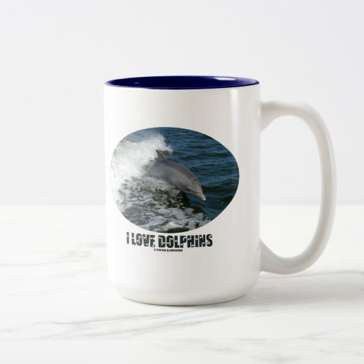 I Liebe Delphine (Bottlenose Dolphin Breaching) Zweifarbige Tasse (Rechts)
