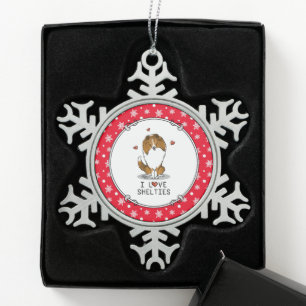 I Liebe (Einzel-2) Shetland Sheepdogs Niedlich Schneeflocken Zinn-Ornament