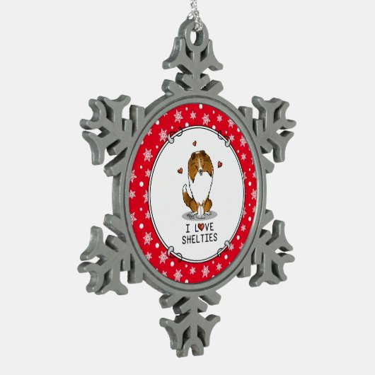 I Liebe (Einzel-2) Shetland Sheepdogs Niedlich Schneeflocken Zinn-Ornament (Links)
