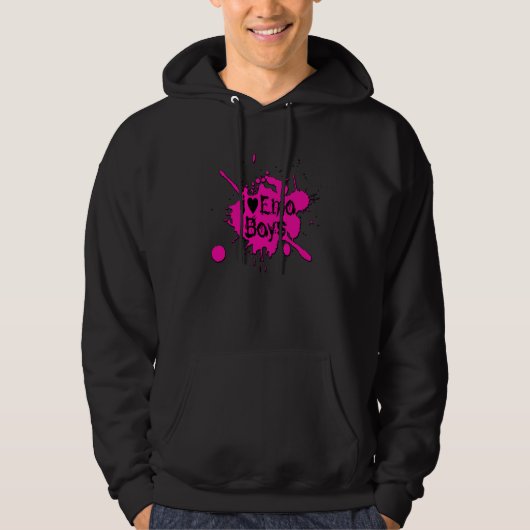 "I Liebe Emo Boys" Pink Paint Spritzer Hoodie (Vorderseite)