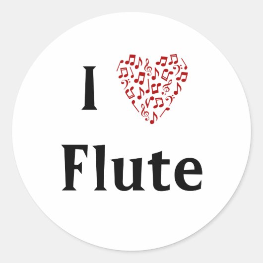 I Liebe Flute Rotes Herz Musiknoten Runder Aufkleber (Vorderseite)