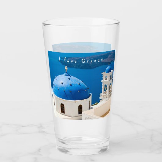 I Liebe Griechenland Kirche Santorini blaues Foto Glas (Vorderseite)