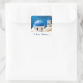 I Liebe Griechenland Kirche Santorini blaues Foto Quadratischer Aufkleber (Tasche)
