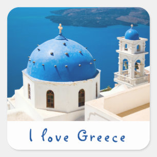 I Liebe Griechenland Kirche Santorini blaues Foto  Quadratischer Aufkleber
